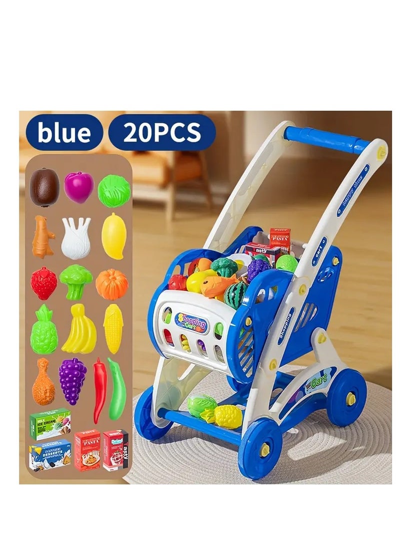 20 Piece Kids Shopping Cart Playset with Pretend Food and Accessories, Perfect for Ages 3+ for Pretend Play and Role Play Games (Blue) - Image 1
