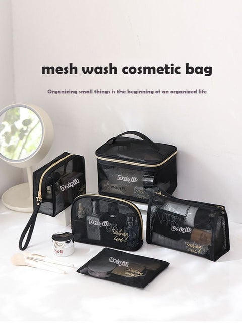Makeup Bag Set Cosmetic Bag Set Makeup and Toiletry Travel Bag Set Make up Bag Set 5PCS，Large Capacity, Mesh Transparent Easy Take&Clean, Multifunction Travel Handbag With Strap to Hang,Black