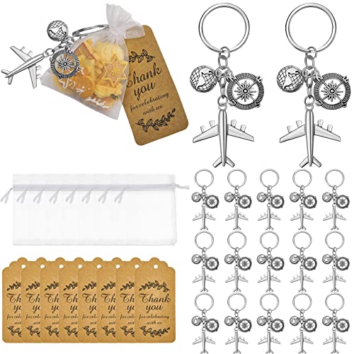 Henoyso 20 Sets Airplane Keychain Party Favor, Including Airplane Compass Keychain with Thank You Tags, Organza Favor Bag for Party - Image 1