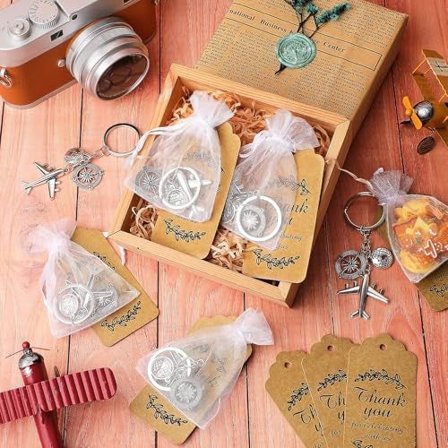 Henoyso 20 Sets Airplane Keychain Party Favor, Including Airplane Compass Keychain with Thank You Tags, Organza Favor Bag for Party - Image 5