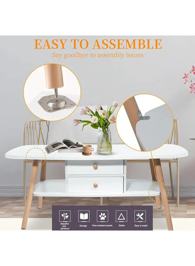 Generic A small white rectangular coffee and tea table with a second lower shelf and two drawers. It is a table with drawers for storage that is placed in the middle of the living room and is suitable for living rooms, chalets, lounge rooms, offices, or cinema rooms. With drawers and open shelves, the table saves space for storage. The table legs are wood-colored, strong and durable, made of solid wood. Size: 100*50 and height: 42 cm.  - Image 2