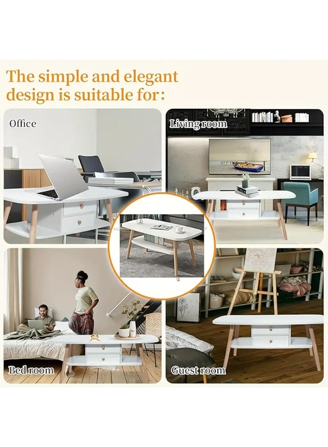 Generic A small white rectangular coffee and tea table with a second lower shelf and two drawers. It is a table with drawers for storage that is placed in the middle of the living room and is suitable for living rooms, chalets, lounge rooms, offices, or cinema rooms. With drawers and open shelves, the table saves space for storage. The table legs are wood-colored, strong and durable, made of solid wood. Size: 100*50 and height: 42 cm.  - Image 5
