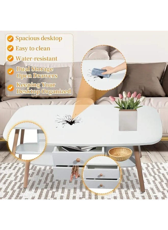Generic A small white rectangular coffee and tea table with a second lower shelf and two drawers. It is a table with drawers for storage that is placed in the middle of the living room and is suitable for living rooms, chalets, lounge rooms, offices, or cinema rooms. With drawers and open shelves, the table saves space for storage. The table legs are wood-colored, strong and durable, made of solid wood. Size: 100*50 and height: 42 cm.  - Image 4