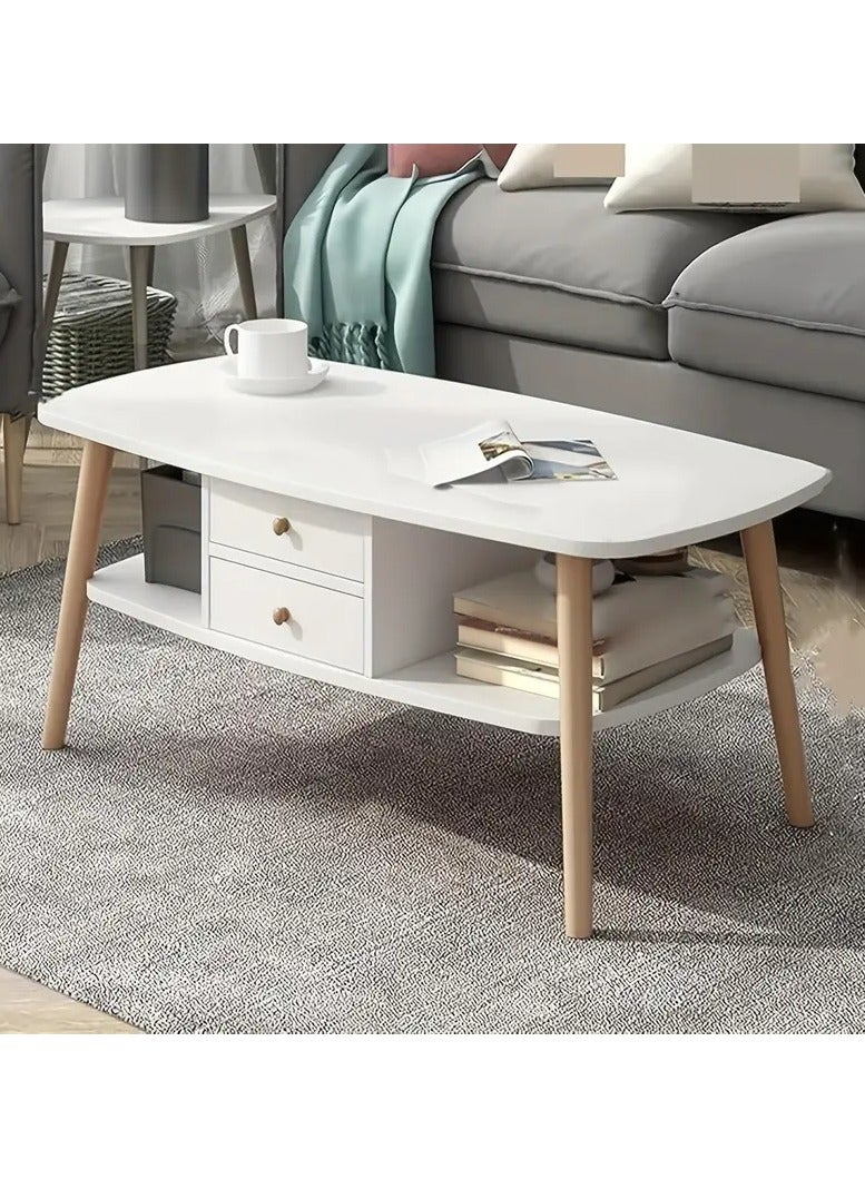 Generic A small white rectangular coffee and tea table with a second lower shelf and two drawers. It is a table with drawers for storage that is placed in the middle of the living room and is suitable for living rooms, chalets, lounge rooms, offices, or cinema rooms. With drawers and open shelves, the table saves space for storage. The table legs are wood-colored, strong and durable, made of solid wood. Size: 100*50 and height: 42 cm.  - Image 1