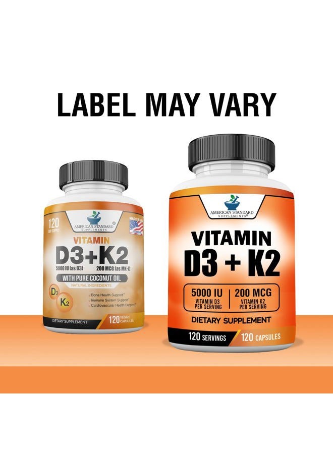American Standard Supplements فيتامين د3 ك2 (MK-7)، فيتامين د3 (5000 وحدة دولية) + ك2 (MK-7) 200 ميكروجرام مع زيت جوز الهند العضوي، فيتامين د3 + ك2، فيتامين د3 + ك2، فيتامين ك2 د3، صحة المناعة والعظام، بدون مواد مالئة، صنع في الولايات المتحدة الأمريكية، 120 كبسولة نباتية - Image 2