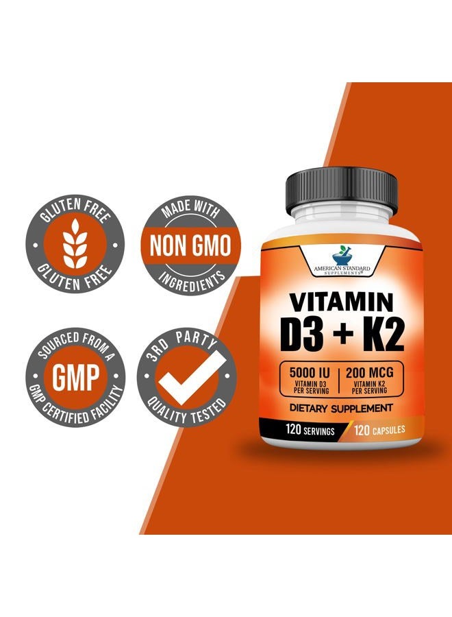 American Standard Supplements فيتامين د3 ك2 (MK-7)، فيتامين د3 (5000 وحدة دولية) + ك2 (MK-7) 200 ميكروجرام مع زيت جوز الهند العضوي، فيتامين د3 + ك2، فيتامين د3 + ك2، فيتامين ك2 د3، صحة المناعة والعظام، بدون مواد مالئة، صنع في الولايات المتحدة الأمريكية، 120 كبسولة نباتية - Image 5