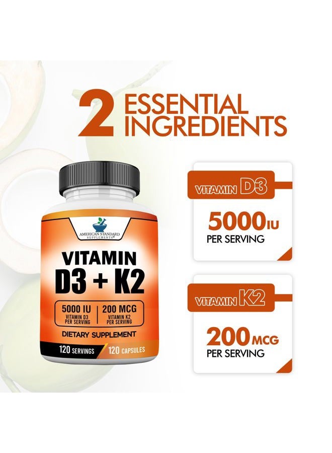 American Standard Supplements فيتامين د3 ك2 (MK-7)، فيتامين د3 (5000 وحدة دولية) + ك2 (MK-7) 200 ميكروجرام مع زيت جوز الهند العضوي، فيتامين د3 + ك2، فيتامين د3 + ك2، فيتامين ك2 د3، صحة المناعة والعظام، بدون مواد مالئة، صنع في الولايات المتحدة الأمريكية، 120 كبسولة نباتية - Image 4