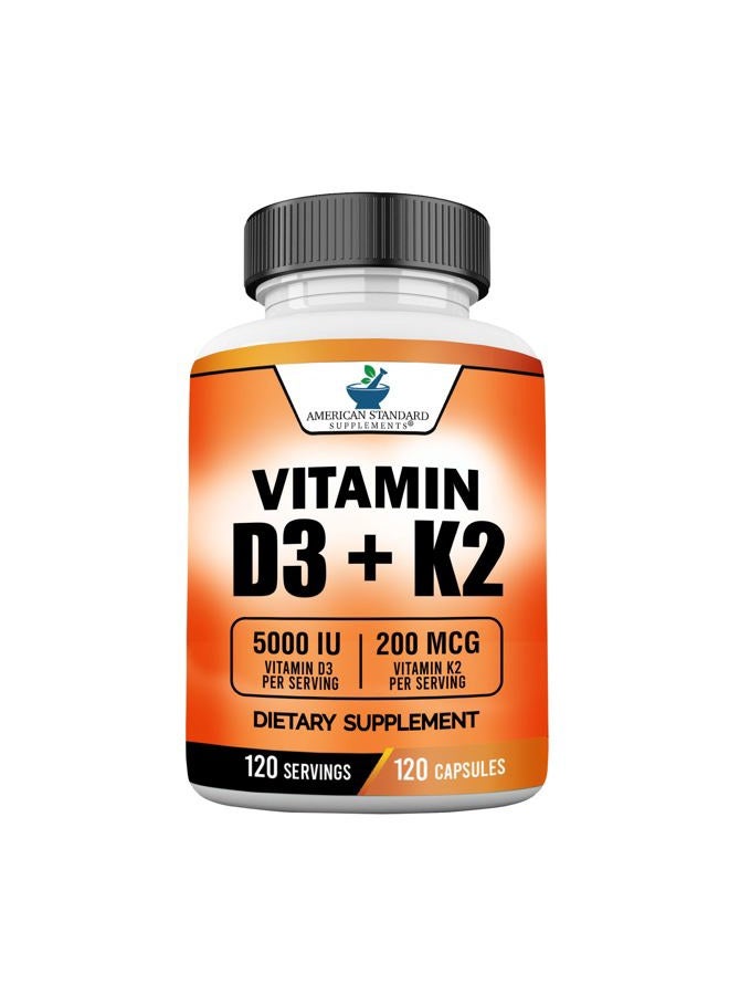 American Standard Supplements فيتامين د3 ك2 (MK-7)، فيتامين د3 (5000 وحدة دولية) + ك2 (MK-7) 200 ميكروجرام مع زيت جوز الهند العضوي، فيتامين د3 + ك2، فيتامين د3 + ك2، فيتامين ك2 د3، صحة المناعة والعظام، بدون مواد مالئة، صنع في الولايات المتحدة الأمريكية، 120 كبسولة نباتية - Image 1