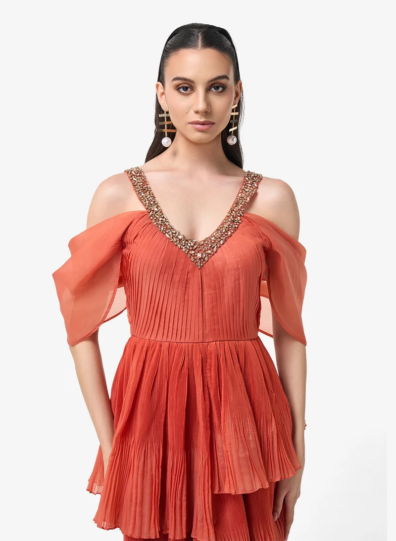 Threadz by Ajooni V-Neck Ruffle Cold Shoulder Maxi Dress