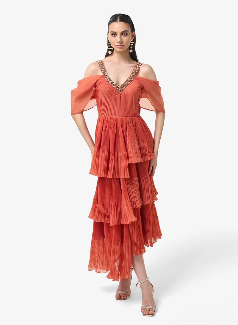 Threadz by Ajooni V-Neck Ruffle Cold Shoulder Maxi Dress