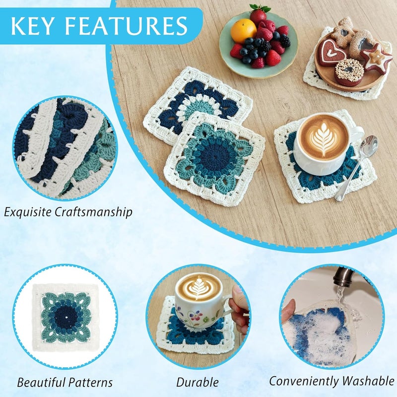 kilofly 4 pc Aqua Blue Crochet Coasters for Drinks 13cm 5" Handmade Doilies Set - Image 3