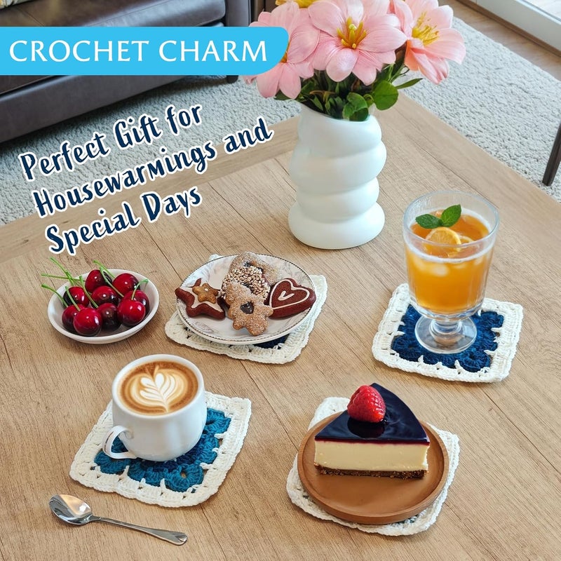 kilofly 4 pc Aqua Blue Crochet Coasters for Drinks 13cm 5" Handmade Doilies Set - Image 4
