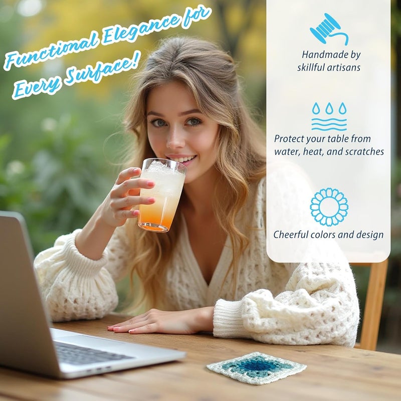 kilofly 4 pc Aqua Blue Crochet Coasters for Drinks 13cm 5" Handmade Doilies Set - Image 5