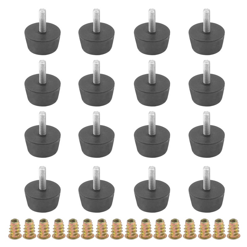 Rrina 16Pcs M6x20 Medium Hard Rubber Bumper Feet with Screwin Nut for Furniture Glide Leveling Floor Protector
