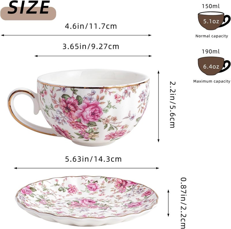 E - Ezra Tea Cup Set with Kettle & Serving Tray | Ceramic Bone China Tea Set Handpainted Pink Floral Design| 6 Cups Microwave Safe | Best for Diwali Gift Pack of 15 Pcs - Image 4