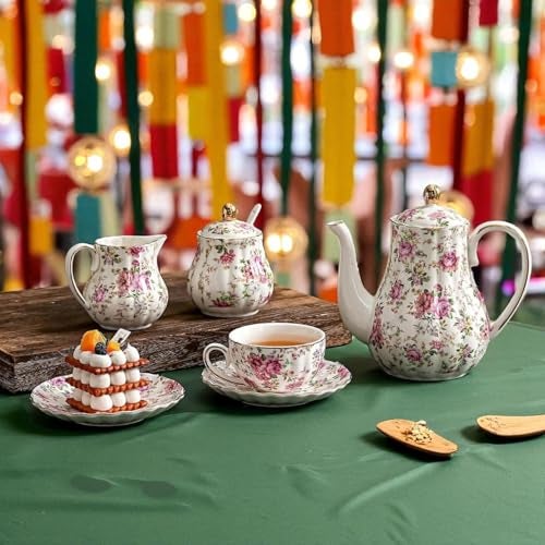 E - Ezra Tea Cup Set with Kettle & Serving Tray | Ceramic Bone China Tea Set Handpainted Pink Floral Design| 6 Cups Microwave Safe | Best for Diwali Gift Pack of 15 Pcs - Image 1