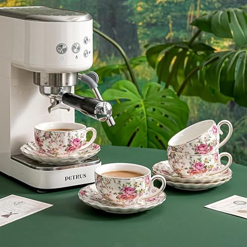 E - Ezra Tea Cup Set with Kettle & Serving Tray | Ceramic Bone China Tea Set Handpainted Pink Floral Design| 6 Cups Microwave Safe | Best for Diwali Gift Pack of 15 Pcs - Image 3