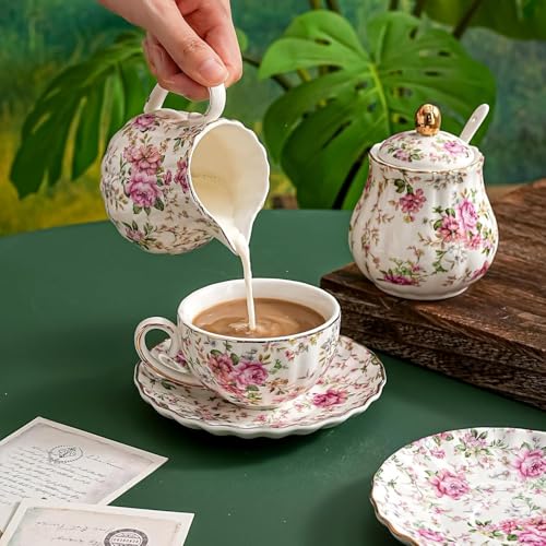 E - Ezra Tea Cup Set with Kettle & Serving Tray | Ceramic Bone China Tea Set Handpainted Pink Floral Design| 6 Cups Microwave Safe | Best for Diwali Gift Pack of 15 Pcs - Image 2