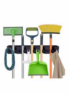 SYOSI Mop Broom Holder, SYOSI Mop and Broom Holder Wall Mount Heavy Duty Broom Holder Wall Mounted or Tool Organizer for Home Garden Garage And Storage (5 Positions with 6 Hooks) (Black)  - Image 2