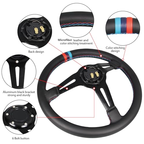 GONMOT 3 Color Stitching Racing Steering Wheel Microfiber Leather 13.8”/350mm Drifting Deep Dish Steering Wheel For Car and Simulation PC Game - Image 3
