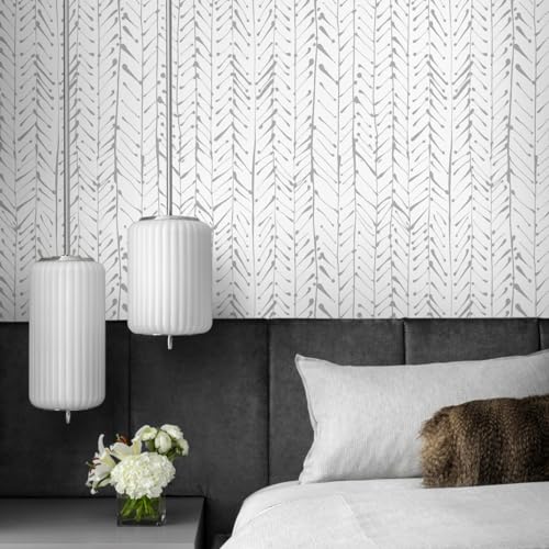 Guvana 1614x197 Herringbone Striped Wallpaper Grey and White Modern Contact Paper Self Adhesive Wall Paper Waterproof Removable Wallpaper for Livingroom Bathroom Decor - Image 1
