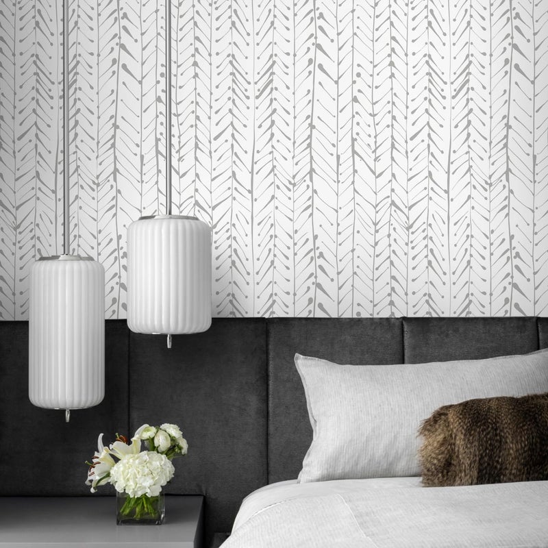 Guvana 1614x197 Herringbone Striped Wallpaper Grey and White Modern Contact Paper Self Adhesive Wall Paper Waterproof Removable Wallpaper for Livingroom Bathroom Decor - Image 2