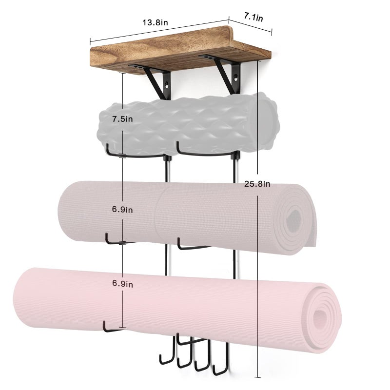 Bikoney Yoga Mat Holder Wall Mount Yoga Mat Storage Home Gym Accessories with Wood Floating Shelves and 4 Hooks for Hanging Foam Roller and Resistance Bands Fitness Home Gym Carbonized Black - Image 5