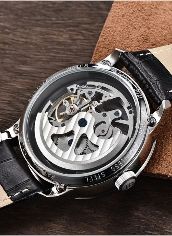 PAGANI DESIGN Men's Automatic Leather Strap Watch, Waterproof Watch, Stainless Steel Case, Transparent Bottom, Easy To Wear And Comfortable, Watch PD-1638 Silver Blue  - Image 3