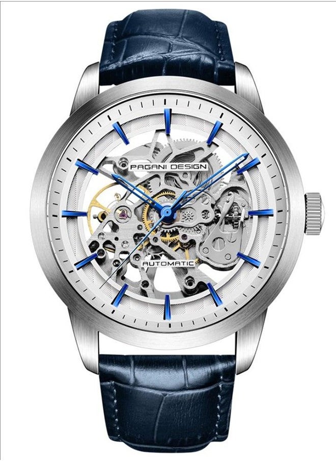 PAGANI DESIGN Men's Automatic Leather Strap Watch, Waterproof Watch, Stainless Steel Case, Transparent Bottom, Easy To Wear And Comfortable, Watch PD-1638 Silver Blue  - Image 2