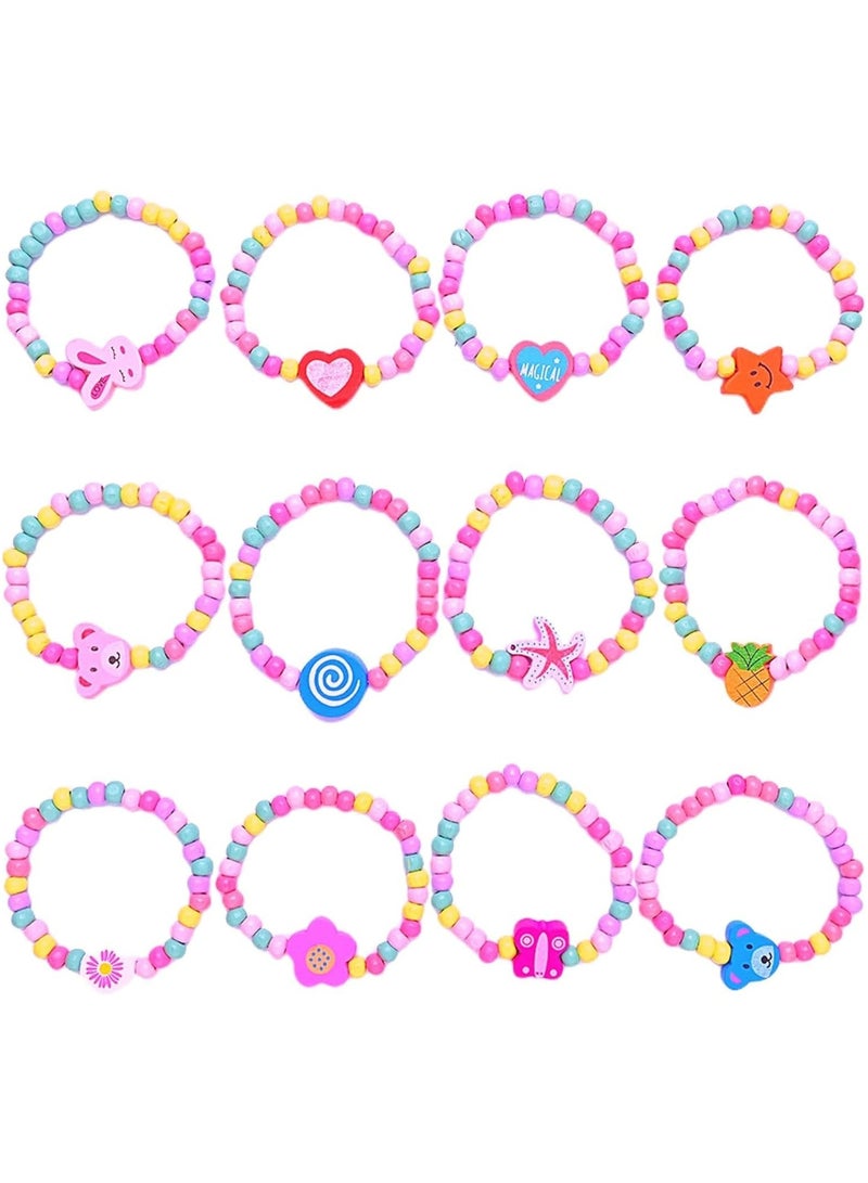 CMGTYYD. مجموعة أساور خشبية ملونة من ١٢ قطعة، هدايا مثالية للحفلات للفتيات مع أساور صداقة خشبية من الخرز، هدايا حفلات للأطفال، أساور خشبية ملونة من الخرز برسوم كرتونية للأطفال. - Image 1