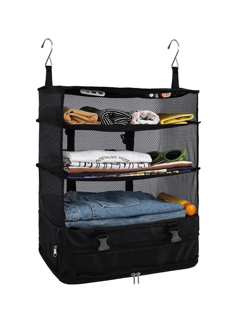 SYOSI Hanging Closet Storage Bag with Hooks, Collapsible 3-Shelf Oxford Fabric Storage Washable Closet Storage Bag Collapsible Hanging Storage Washable Closet Organizer (15.7*9.8*21.7 in, Black) - Image 1