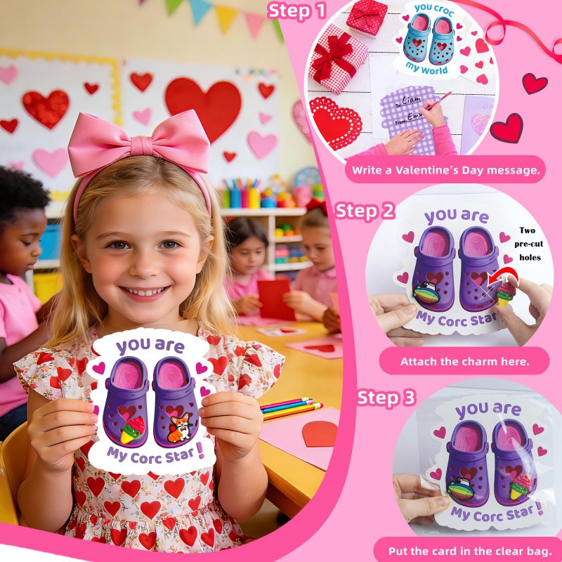 JX Valentine Cards for Kids Classroom, 48 Valentines Cards with 96 Shoes Charms,Kids Valentine Gifts for Boys Girls Toddler Classroom Exchange - Image 3