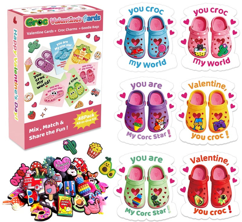 JX Valentine Cards for Kids Classroom, 48 Valentines Cards with 96 Shoes Charms,Kids Valentine Gifts for Boys Girls Toddler Classroom Exchange - Image 1