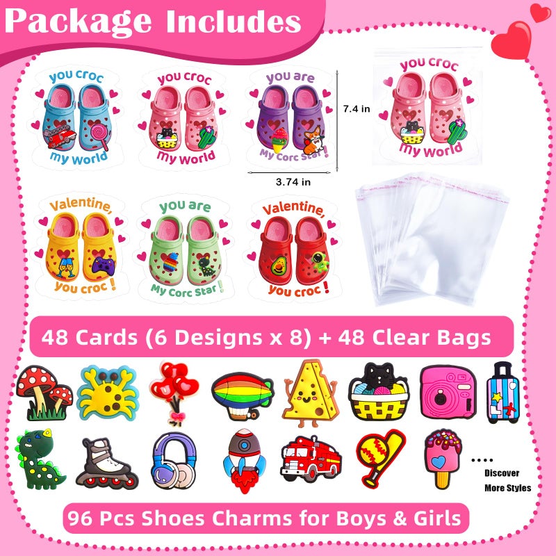 JX Valentine Cards for Kids Classroom, 48 Valentines Cards with 96 Shoes Charms,Kids Valentine Gifts for Boys Girls Toddler Classroom Exchange - Image 2