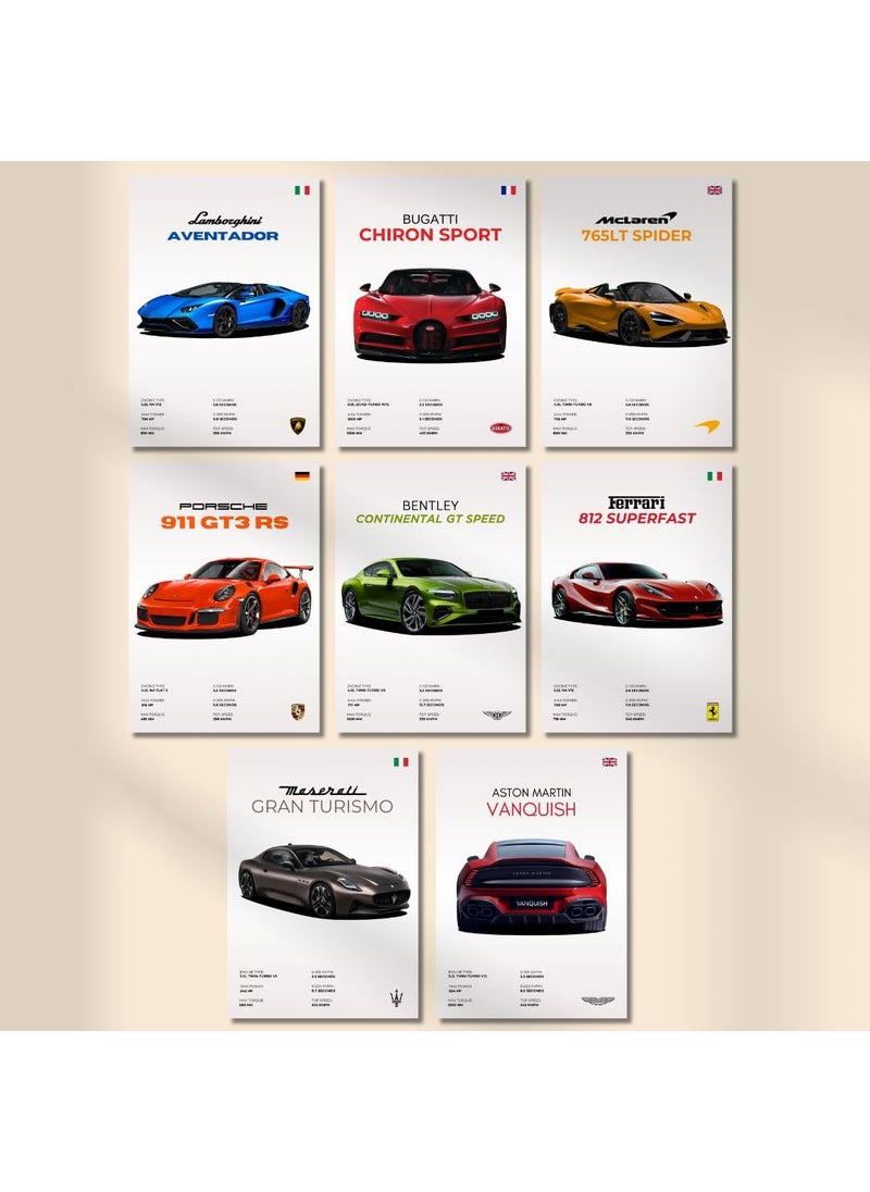 auraposter Car Posters Set of 8 Supercar Poster A4 size Lamborghini Ferrari Bugatti Posters Porsche Poster Porsche 911 GT3 RS Poster Sports Car Posters for Wall Bedroom Hostel Boys Bedroom Vintage Racing Car Glue Dots Included  - Image 3