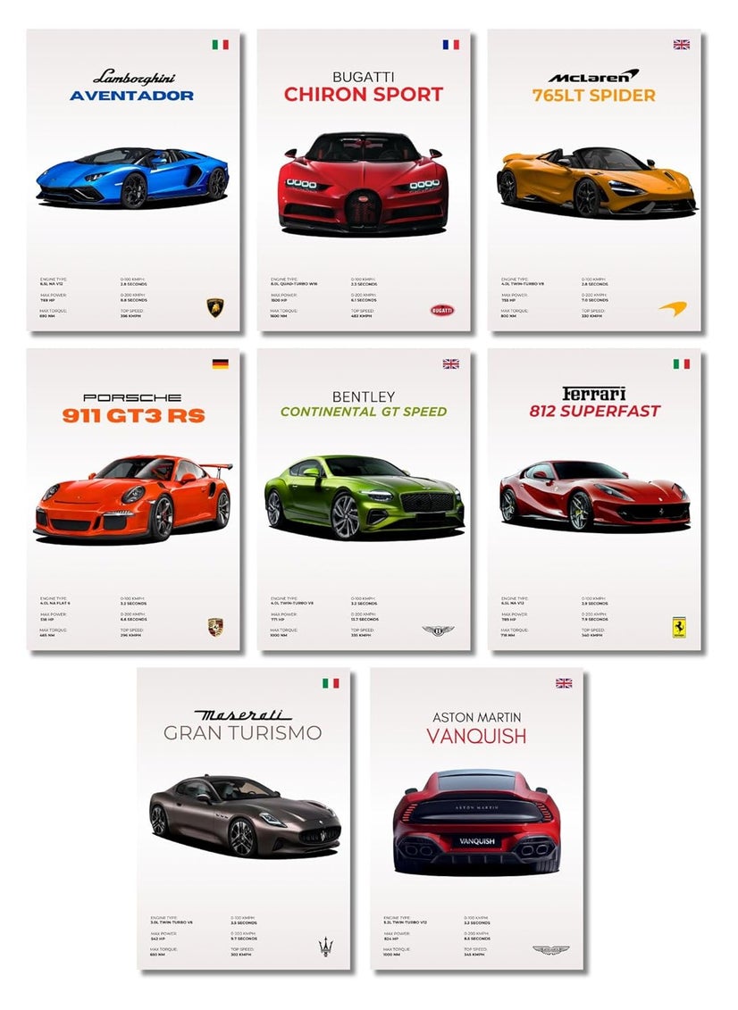 auraposter Car Posters Set of 8 Supercar Poster A4 size Lamborghini Ferrari Bugatti Posters Porsche Poster Porsche 911 GT3 RS Poster Sports Car Posters for Wall Bedroom Hostel Boys Bedroom Vintage Racing Car Glue Dots Included  - Image 1