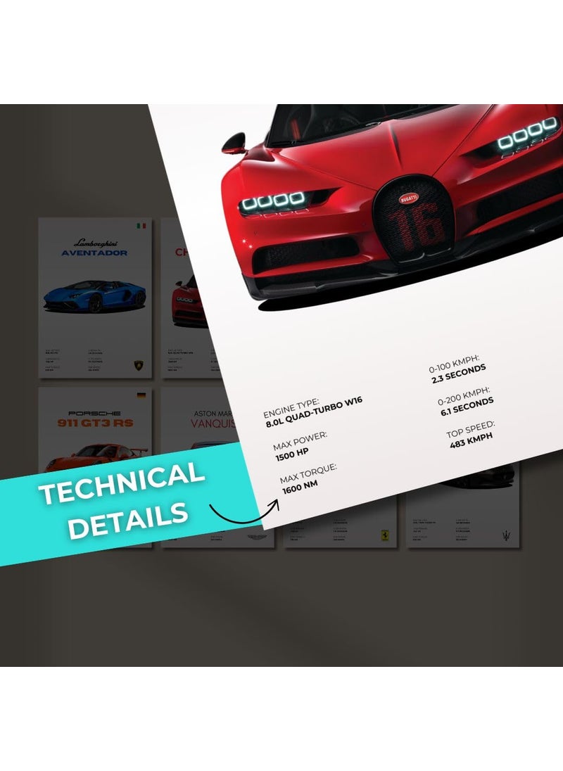 auraposter Car Posters Set of 8 Supercar Poster A4 size Lamborghini Ferrari Bugatti Posters Porsche Poster Porsche 911 GT3 RS Poster Sports Car Posters for Wall Bedroom Hostel Boys Bedroom Vintage Racing Car Glue Dots Included  - Image 5