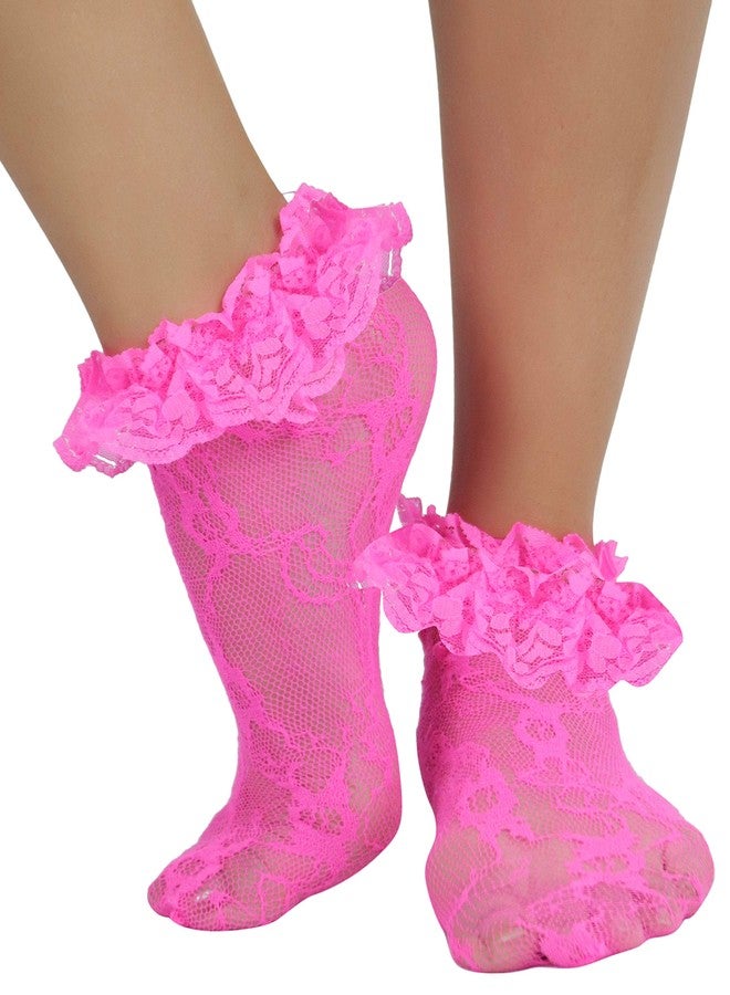 ToBeInStyle Women's Lace Ruffle Ankle Hi - Hot Pink - One Size Regular - Image 1