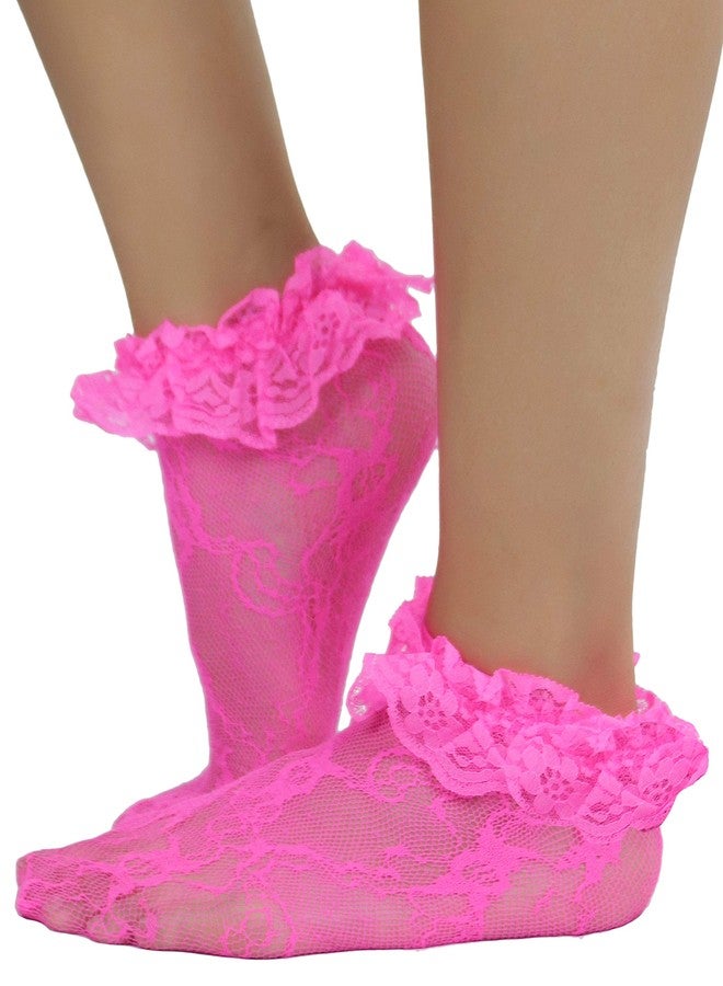 ToBeInStyle Women's Lace Ruffle Ankle Hi - Hot Pink - One Size Regular - Image 3