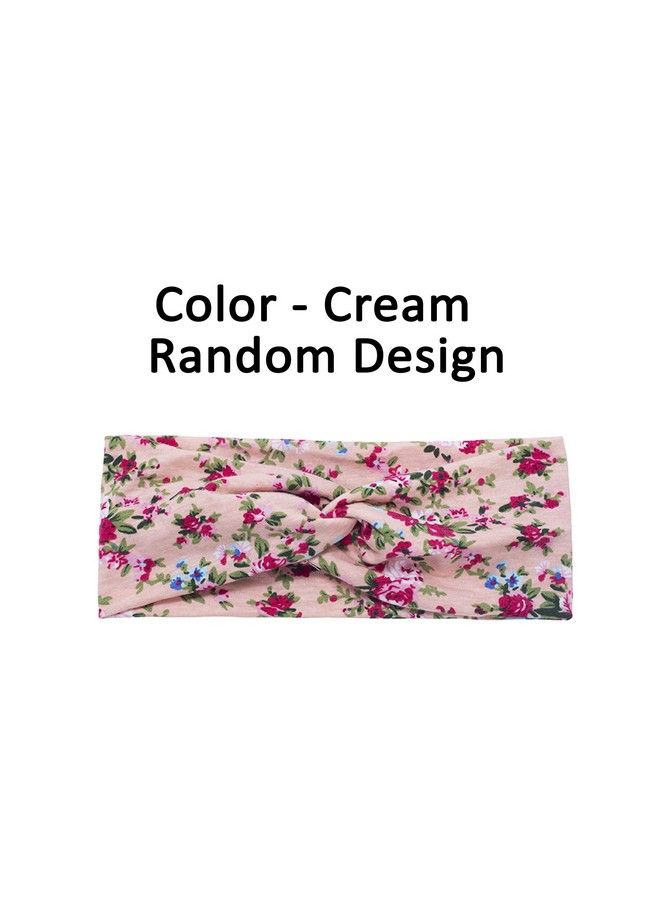 FOK 1 Pc Flower Printed Twist Knotted Yoga Sport Head Wrap Elastic Hairband For Women And Girls Cream - Image 3