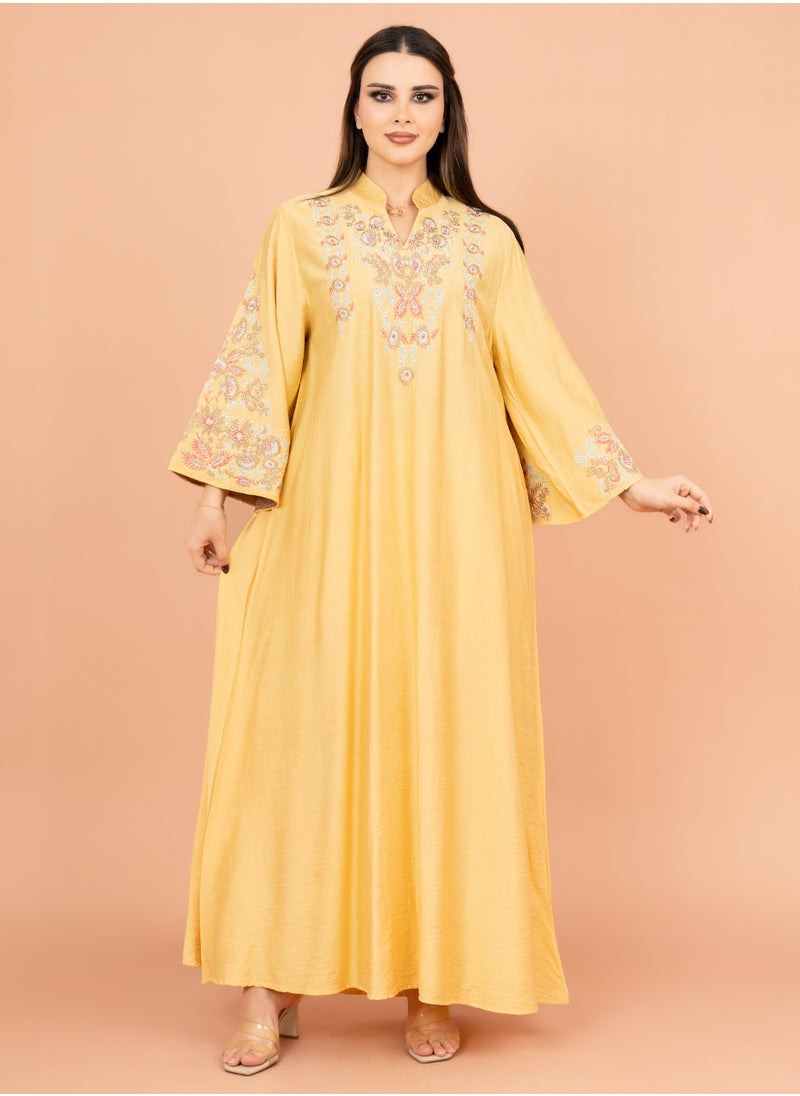 IKKXA Crystal-Embellished Embroidered Jalabiya IK4002 Yellow  - Image 1