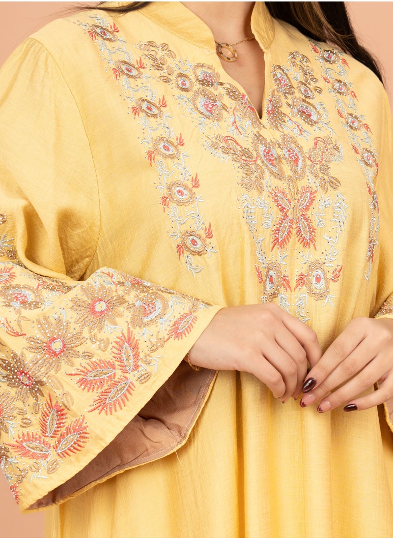 IKKXA Crystal-Embellished Embroidered Jalabiya IK4002 Yellow  - Image 2