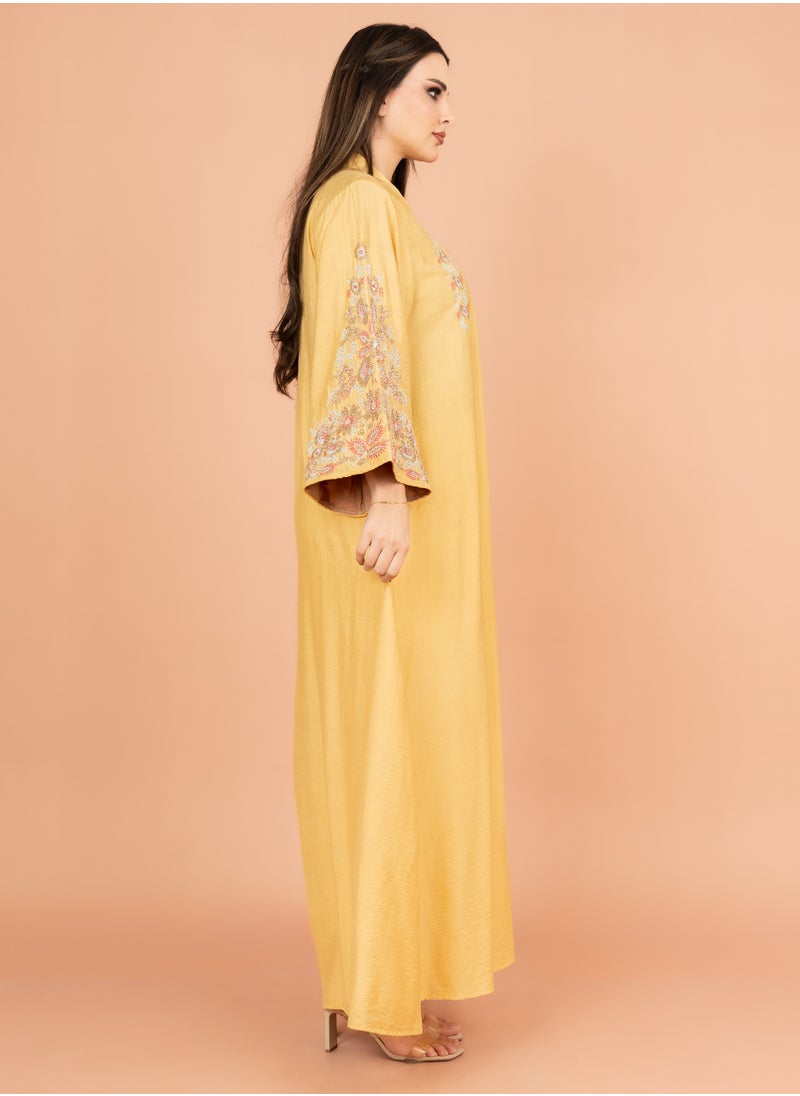 IKKXA Crystal-Embellished Embroidered Jalabiya IK4002 Yellow  - Image 3
