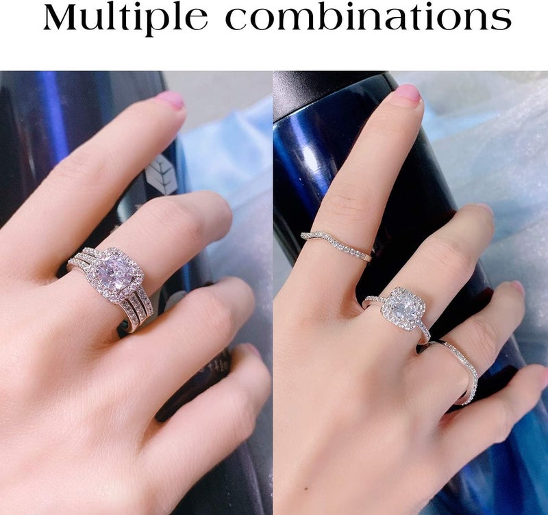MDFUN 18K White Gold Plated Cubic Zirconia Three-in-One Halo Wedding Engagement Promise Eternity Ring for Women - Image 5