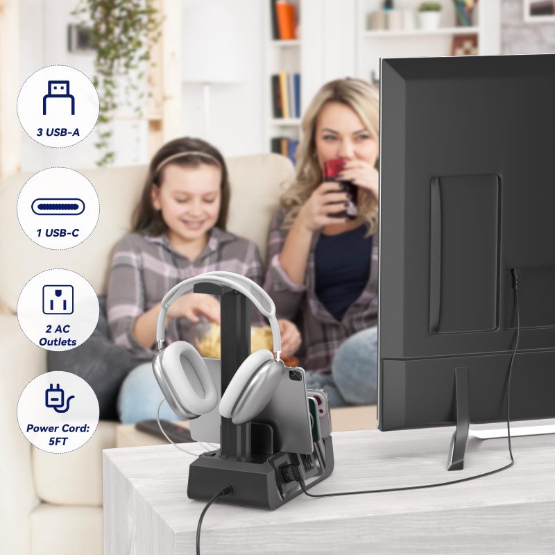 KDD Charging Station with 6 Charging Cables - Fast Charging 6 in 1 Cellphone Charging Dock with Headphone Stand and Watch Holder - 2 AC&USB A&USB C, Storage Station for Smartphone,Tablets, AppleWatch - Image 5