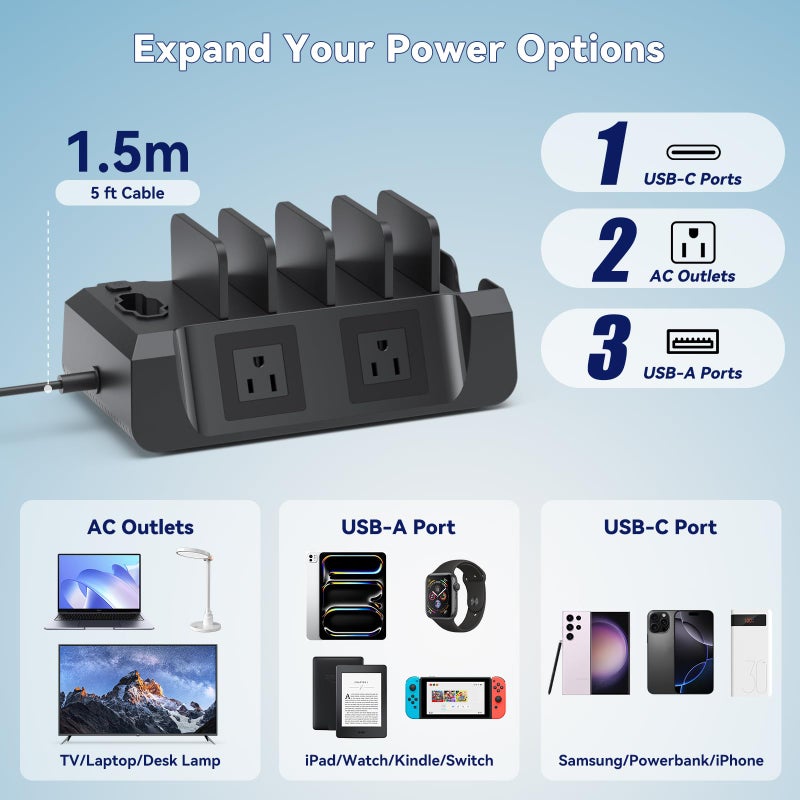 KDD Charging Station with 6 Charging Cables - Fast Charging 6 in 1 Cellphone Charging Dock with Headphone Stand and Watch Holder - 2 AC&USB A&USB C, Storage Station for Smartphone,Tablets, AppleWatch - Image 2