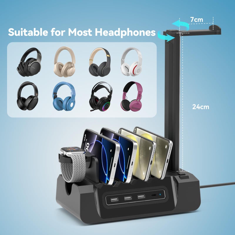 KDD Charging Station with 6 Charging Cables - Fast Charging 6 in 1 Cellphone Charging Dock with Headphone Stand and Watch Holder - 2 AC&USB A&USB C, Storage Station for Smartphone,Tablets, AppleWatch - Image 4