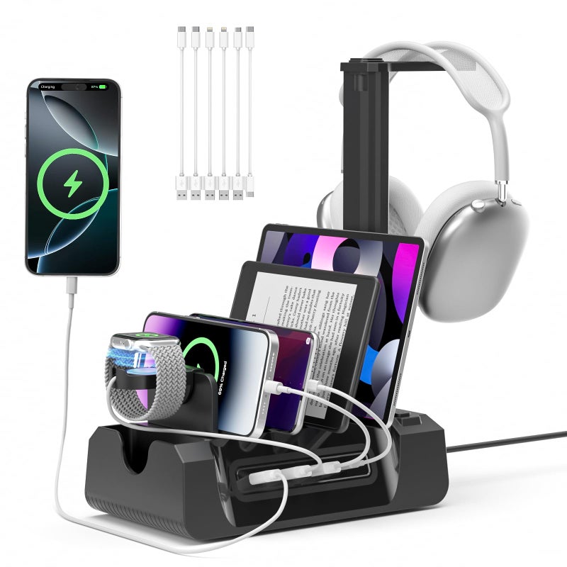 KDD Charging Station with 6 Charging Cables - Fast Charging 6 in 1 Cellphone Charging Dock with Headphone Stand and Watch Holder - 2 AC&USB A&USB C, Storage Station for Smartphone,Tablets, AppleWatch - Image 1