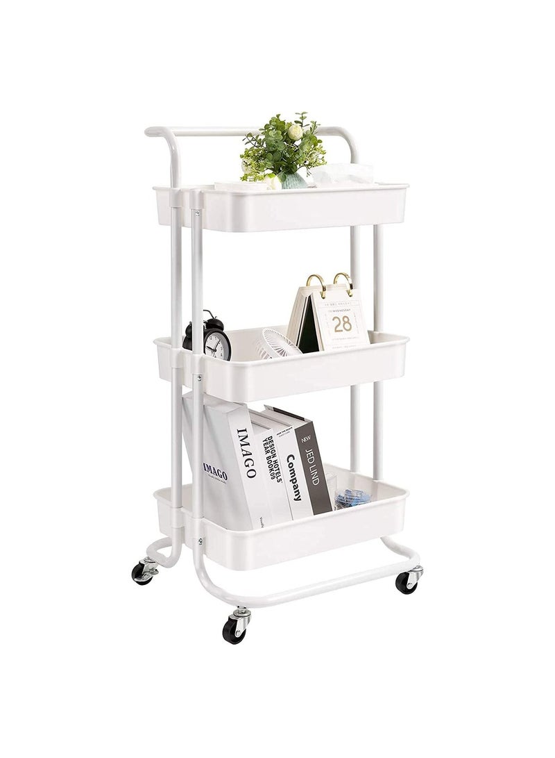 3 Tier Metal Rolling Utility Cart with Wheel White - Image 2
