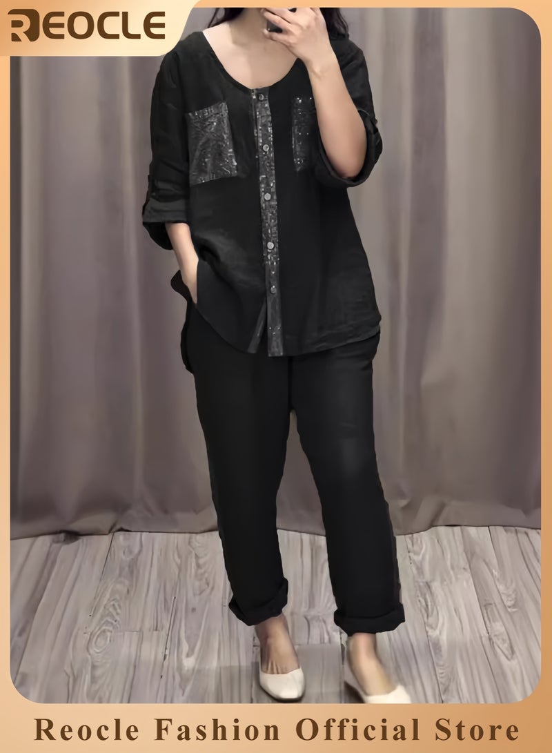 ريوكل 2 قطعة ملابس نسائية من الكتان الكتان بأكمام طويلة بأزرار أسفل القميص القابل للتنفس بنطلون بلون موحد من الترتر برقبة مستديرة برقبة مستديرة بدلة فضفاضة للارتداء اليومي - Image 1